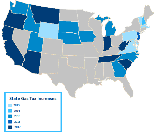 Map of the US showing higher gas tax