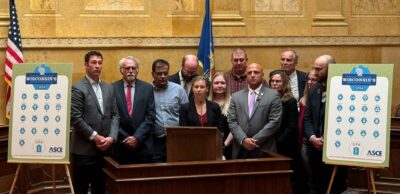 Members of the ASCE Wisconsin Section present the 2024 Report Card for Wisconsin’s Infrastructure at the State Capitol in Madison