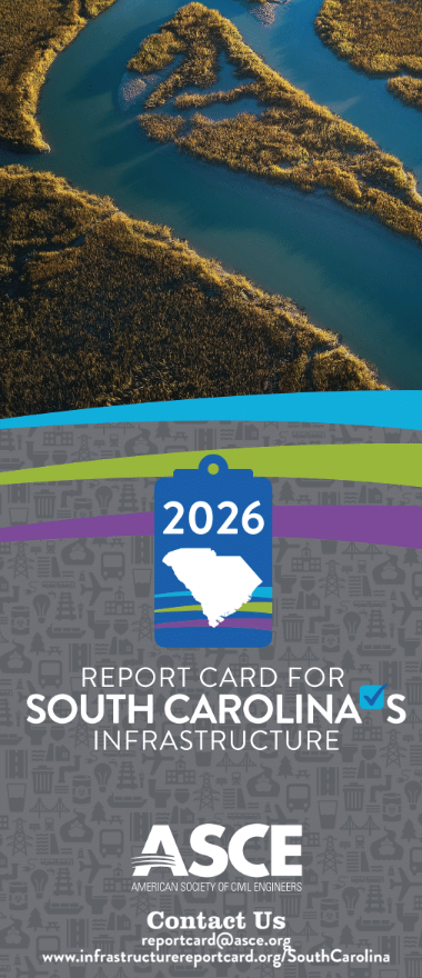 Cover of the 2026 ASCE Report Card for South Carolina's Infrastructure with a river delta aerial photo and the state outline badge at center.