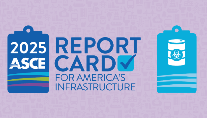 Two blue luggage-tag icons frame the text '2025 ASCE REPORT CARD FOR AMERICA'S INFRASTRUCTURE' with a checkmark, set against a light purple patterned background; a biosafety-barrel icon appears on the right tag indicating infrastructure concerns.