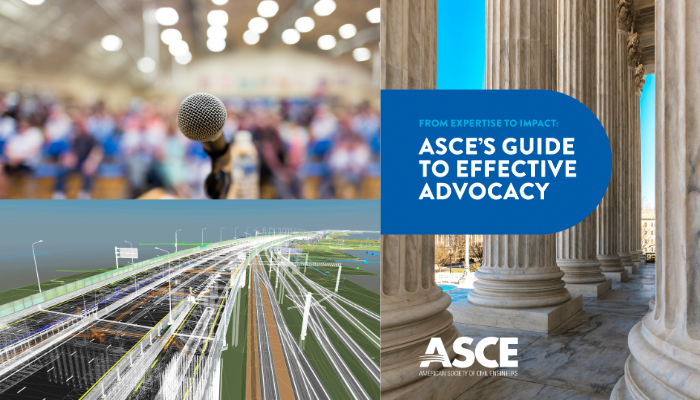 Collage promoting ASCE's Guide to Effective Advocacy: microphone on a blurred audience, a transportation network model, and stone columns with the ASCE logo.