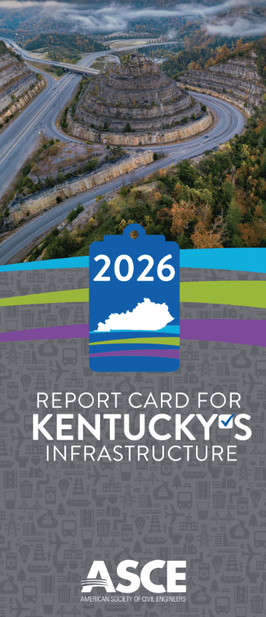 Aerial view of a circular highway interchange in a rocky landscape, with a 2026 Kentucky Infrastructure Report Card badge and ASCE logo at the bottom.