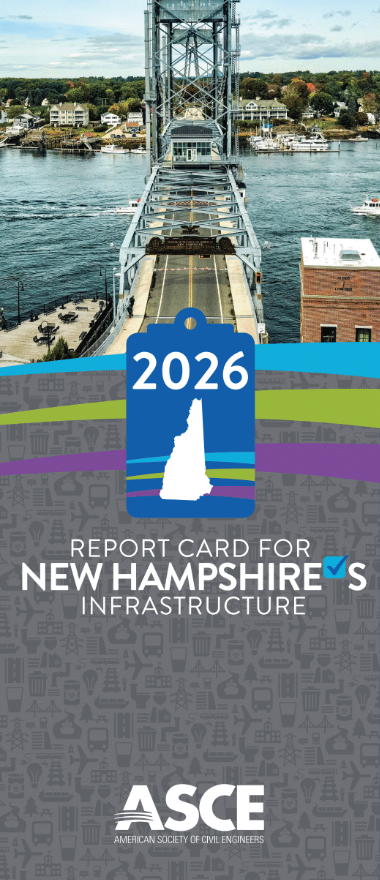 Cover image for the 2026 ASCE New Hampshire infrastructure report card, showing a bridge over a river with a city backdrop in the distance.